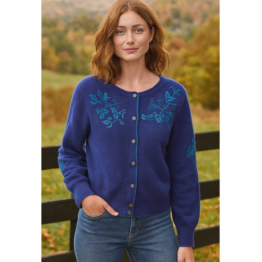 SUNDANCE Betty Cardigan Embroidered Wool Blend Blue Beaded Boho Resort size XL